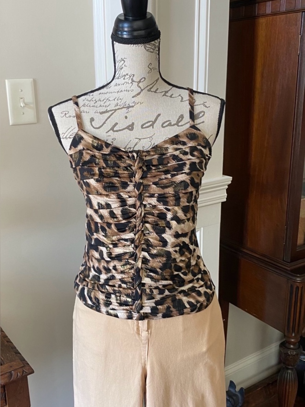 CACHE Y2K Leopard Print Ruched Cami Top - Brown Black